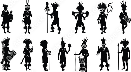 Silhouettes of tribal dancers and drummers, traditional costumes, African culture, ritual dance, ceremonial masks, cultural heritage, indigenous people, tribal festival, ethnic music.