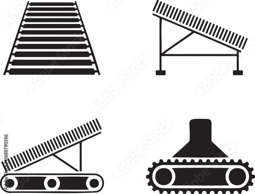 Set of Industrial Conveyor Belt Icons – Vector Silhouettes for Manufacturing and Automation 