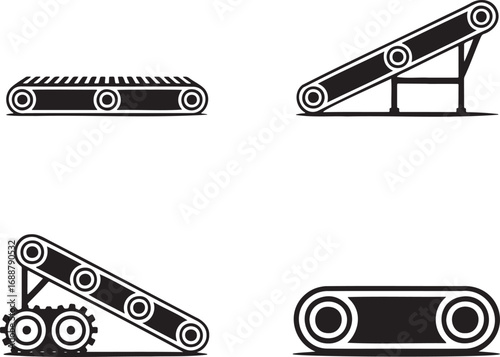 Set of Industrial Conveyor Belt Icons – Vector Silhouettes for Manufacturing and Automation 