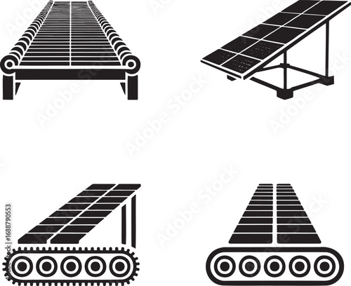Set of Industrial Conveyor Belt Icons – Vector Silhouettes for Manufacturing and Automation 
