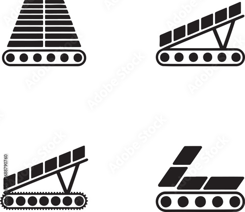 Set of Industrial Conveyor Belt Icons – Vector Silhouettes for Manufacturing and Automation 
