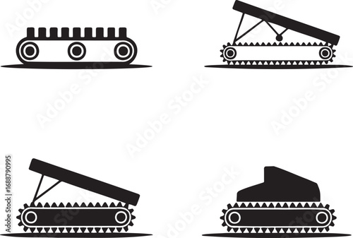 Set of Industrial Conveyor Belt Icons – Vector Silhouettes for Manufacturing and Automation 