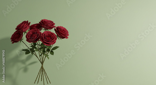 A bouquet of dark red roses against a muted green background casts a subtle shadow.