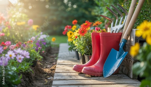 Spring Garden Ready Blooming Flowers and Tools on Wooden Path