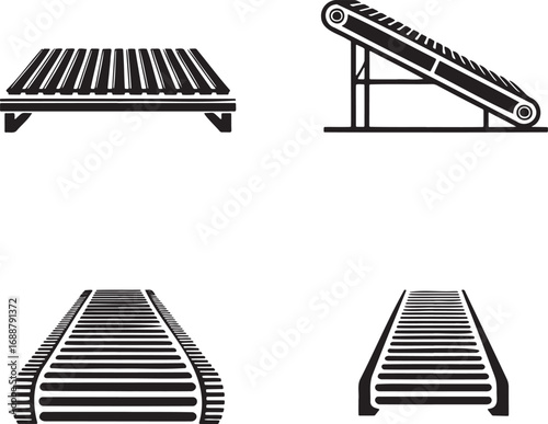 Set of Industrial Conveyor Belt Icons – Vector Silhouettes for Manufacturing and Automation 