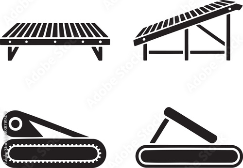 Set of Industrial Conveyor Belt Icons – Vector Silhouettes for Manufacturing and Automation 