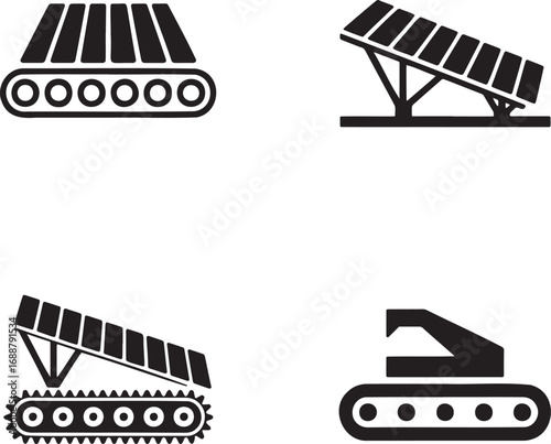 Set of Industrial Conveyor Belt Icons – Vector Silhouettes for Manufacturing and Automation 