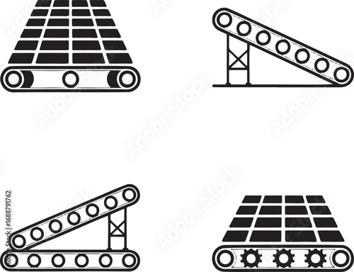 Set of Industrial Conveyor Belt Icons – Vector Silhouettes for Manufacturing and Automation 