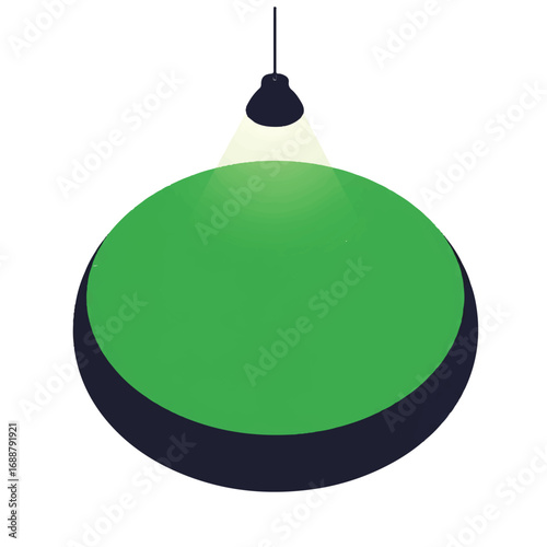 A graphic illustration of a green sphere or disc illuminated by a hanging light fixture from above, casting a shadow below.