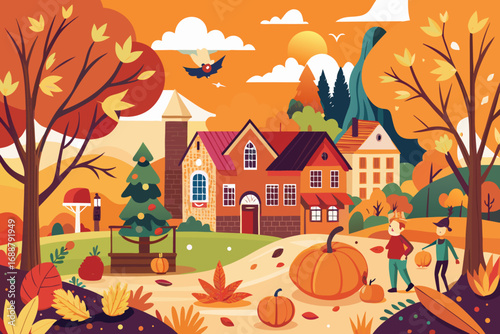 Pumpkins sitting on hay bales at a fall festival during sunset. Autumn farmers market. Harvest festival pumpkins displayed. Pumpkins Autumn decorative background composition.