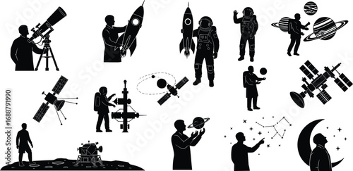 Space exploration, astronaut, rocket, satellite, telescope, planets, moon landing, space station, constellation, space science, space travel.