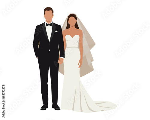 Elegant bride in white wedding dress and groom in black tuxedo posing together for celebration