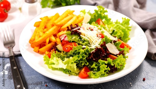 Fresh salad and fries on a plate