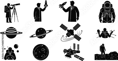 Space exploration, astronaut, satellite, rocket launch, planet with rings, telescope observation, moon surface, space technology, scientific research, interstellar travel, cosmic discovery