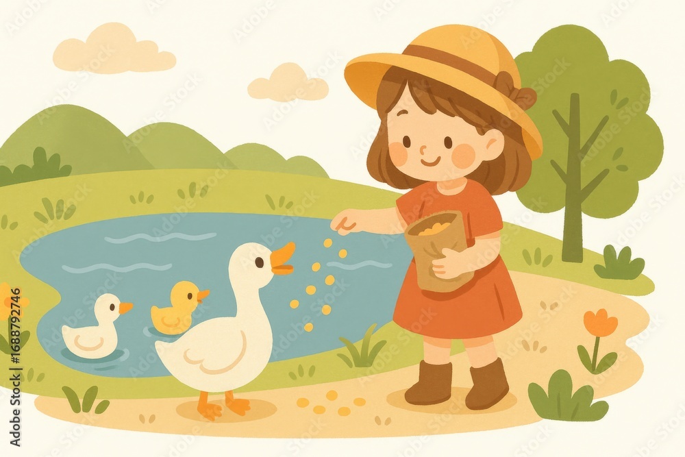 Obraz premium A cheerful young girl feeding ducks at the pond