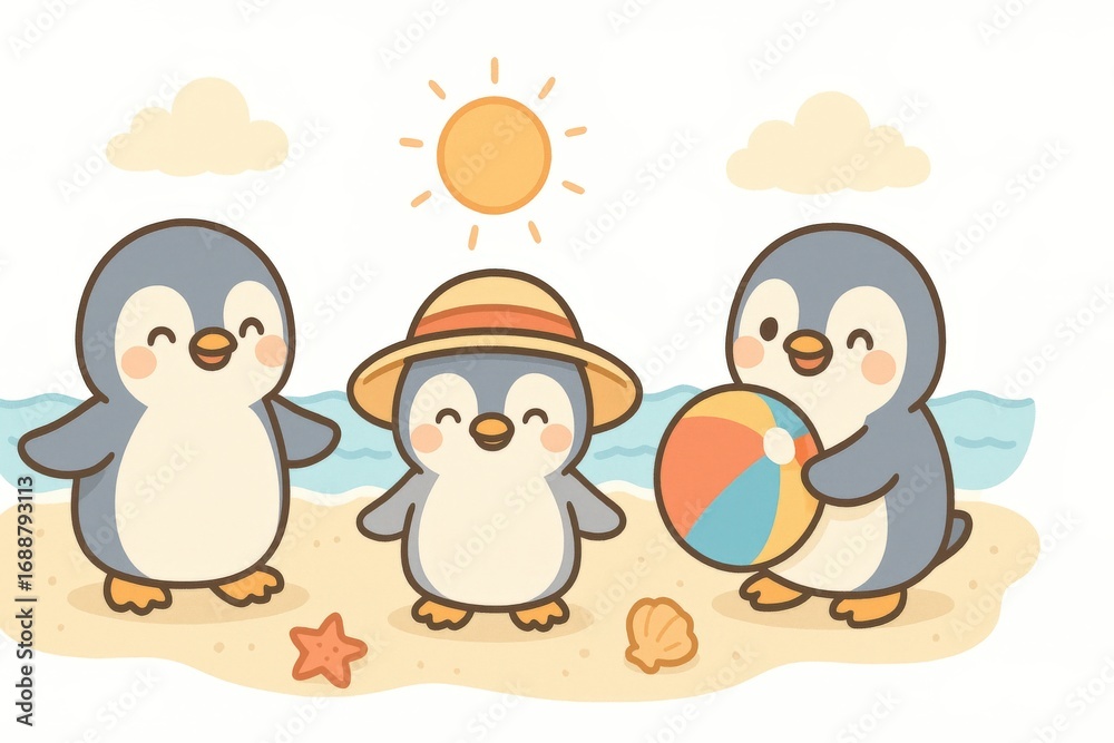 Fototapeta premium three adorable penguins enjoying a sunny day at the beach, smiling with joy and playing together happily. One of the penguins wearing a cute hat and another holding a ball.