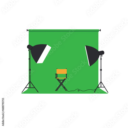 A professional photography studio setup with a green screen backdrop, a director's chair, and two studio lights.