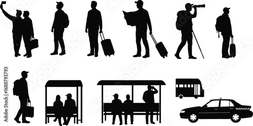Travelers silhouettes, waiting at bus stop, carrying luggage, taking selfies, using binoculars, taxi transport, public transportation, tourism, urban commuting