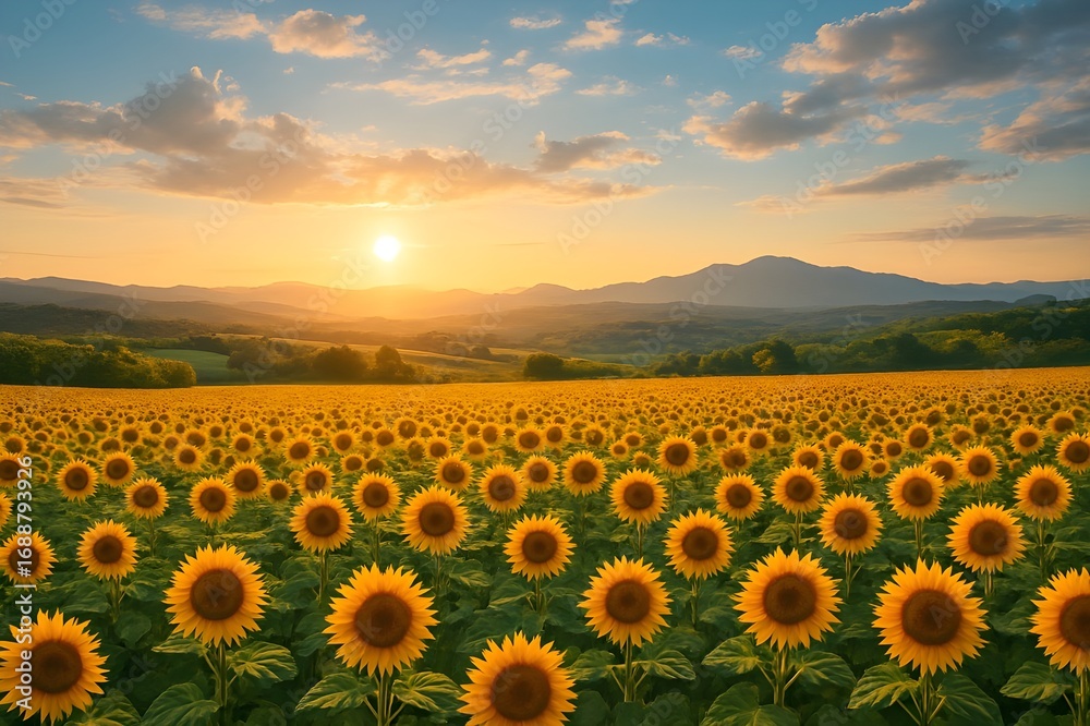 Obraz premium A breathtaking shot of a vast sunflower field at sunset, with rolling hills and distant mountains under a warm sky.