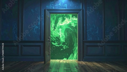 Dark room, open door reveals swirling green