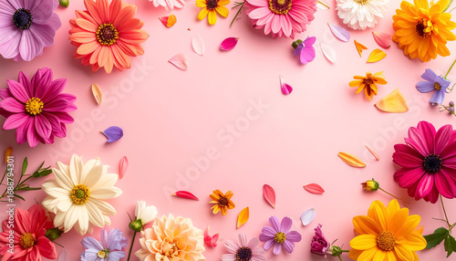 Colorful dahlia and cosmos flowers with blank space on pink background