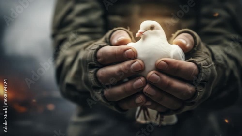 Hands holding a white dove a concept of peace hope and humanity in times of war