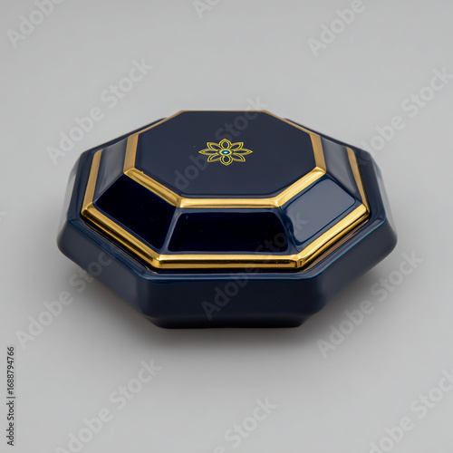 Elegant octagonal dark blue jewelry box with gold trim and emblem
