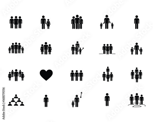 Collection of diverse family and people group icons representing unity community and relationships in a simple graphic style