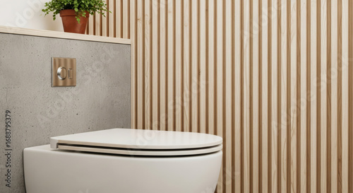 Restroom interior combining raw industrial concrete with the warmth of natural wood fluted panels. This modern design creates a sophisticated, textured, and spa-like atmosphere in the home.