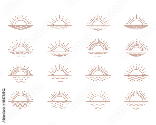 Collection of minimalist line art sun and wave emblems representing sunrise and sunset over water