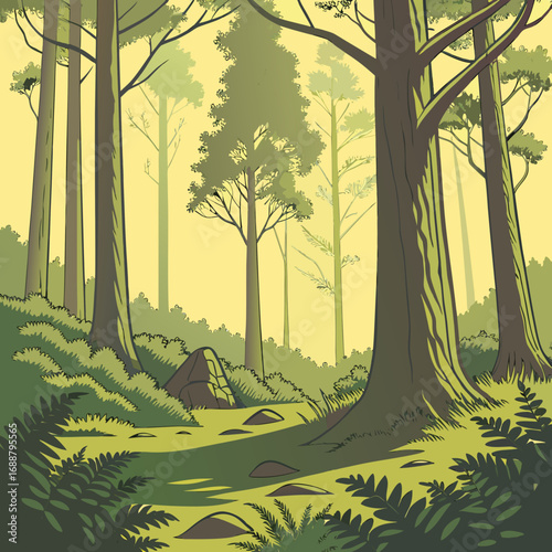 Forest Serenity: A stylized illustration of a tranquil forest scene bathed in soft light, with towering trees and lush undergrowth, creating a sense of peace and natural beauty.
