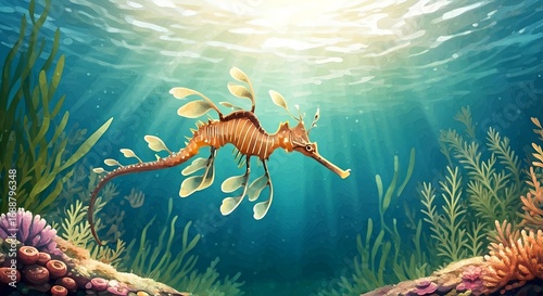 Leafy Seahorse in Sunlit Ocean Depths