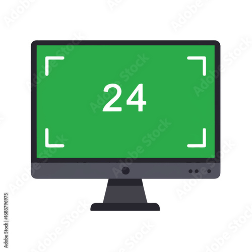 A flat vector icon of a computer monitor with the number 24 displayed on a green screen with corner markers.