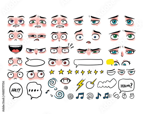 Collection of hand drawn anime manga style expressive eyes and speech bubbles for comic art