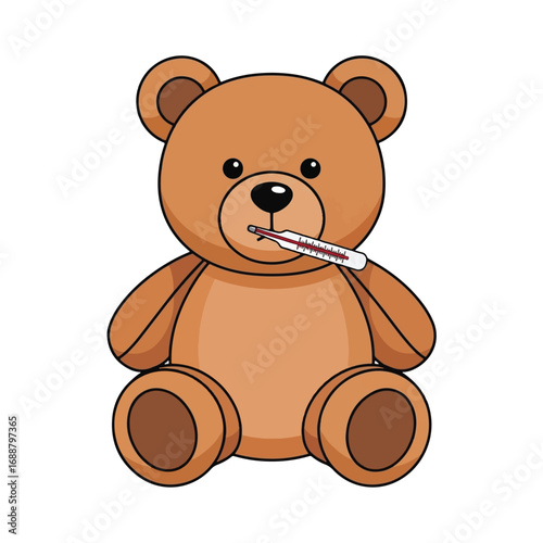 A cartoon teddy bear with a thermometer in its mouth, looking unwell.
