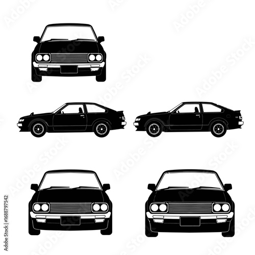 Black car vector illustration in multiple views.