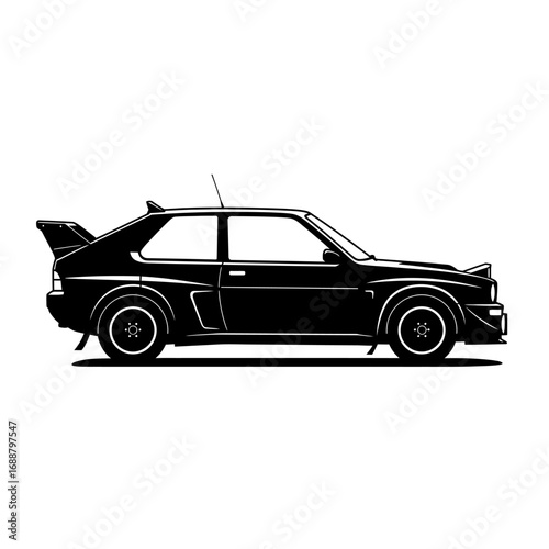 Side view of a black silhouette of a vintage rally car.