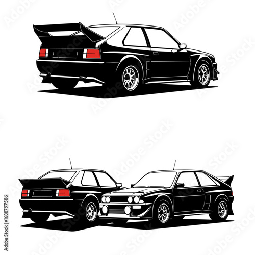 Black and white vector illustration of a classic rally car with a large spoiler, shown from different angles.