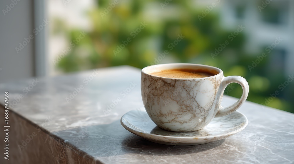 Obraz premium Morning Coffee Serenity: A steaming cup of coffee sits peacefully on a marble surface bathed in natural light, inviting a moment of calm amidst the lush greenery of a nearby garden.