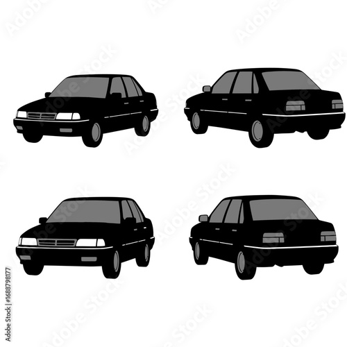 Four black sedan cars depicted from various angles in a vector illustration style on a white background.