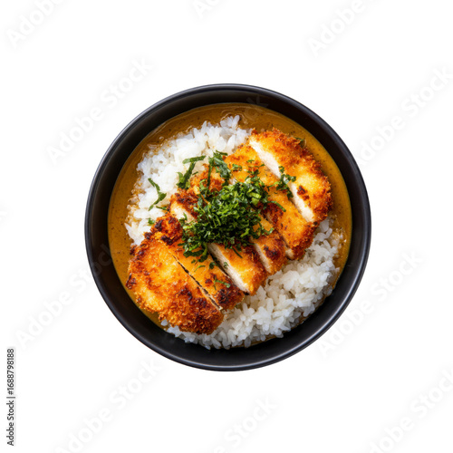 Delicious Katsu Curry with Crispy Chicken and Steamed Rice in a Black Bowl