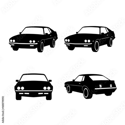 Four black silhouette illustrations of a classic American muscle car from different angles, including front, side, and rear views.