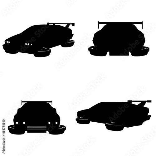 Four views of a silhouette of a futuristic hover car, showing front, back, and side profiles.