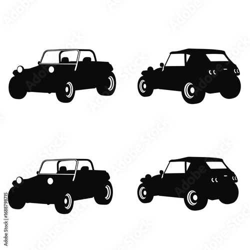 Four black silhouette images of a dune buggy, two showing the front and two showing the rear.