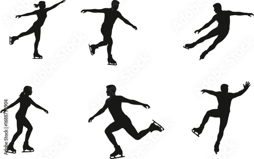 WFigure skating silhouette vector, ice skater poses, winter sports illustration, athletic movement, graceful choreography, dynamic posture, black silhouette artwork, skating motion