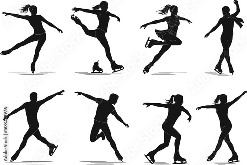 Figure skating silhouette vector, ice skater poses, winter sports illustration, graceful movement, athletic choreography, dynamic motion, black silhouette, skating art