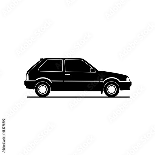 Black silhouette of a vintage two-door hatchback car in side profile, isolated on a white background.