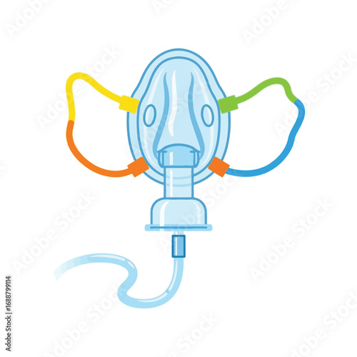 A flat vector illustration of a medical oxygen mask with colorful connecting tubes.