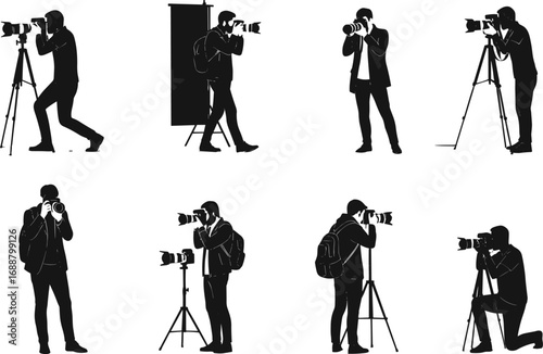Photographer silhouette vector, camera pose illustration, tripod setup, studio backdrop, photography gear, black figure art, professional photo shoot concept, editable design