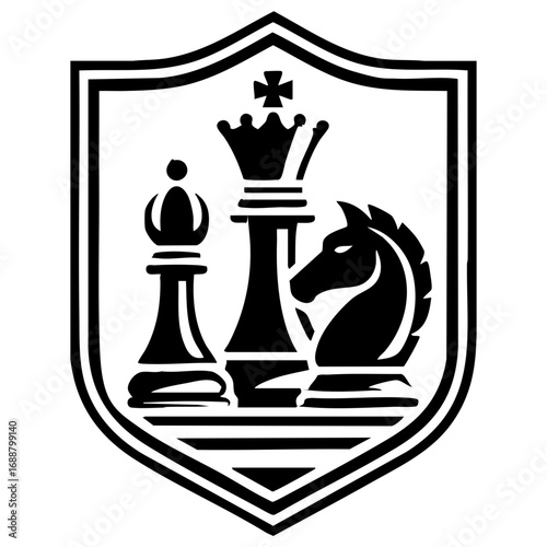 black and white chess logo with ornate king and knight pieces framed in a crest